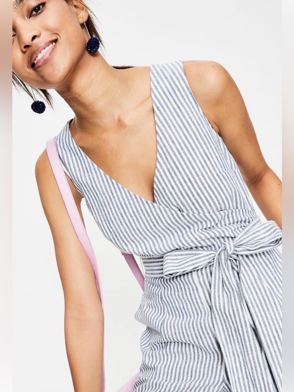 Boden Striped V-Neck Wide-Leg Jumpsuit with Tie Waist - Blue/White - Picture 3 of 9